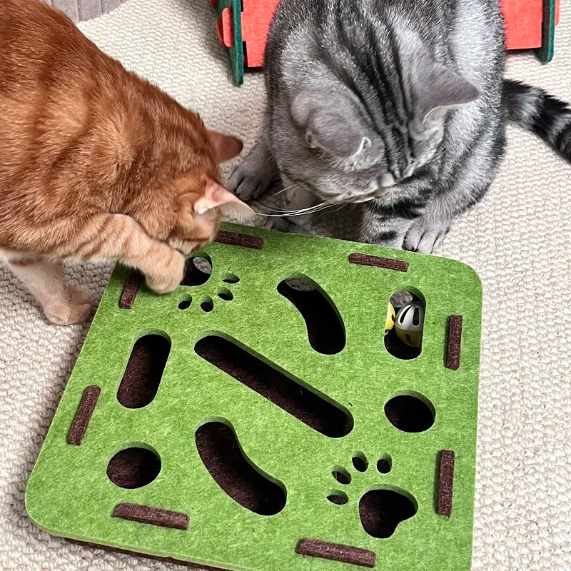 Pet Cat Puzzle Maze Holes Toys Felt Box with Bell Ball