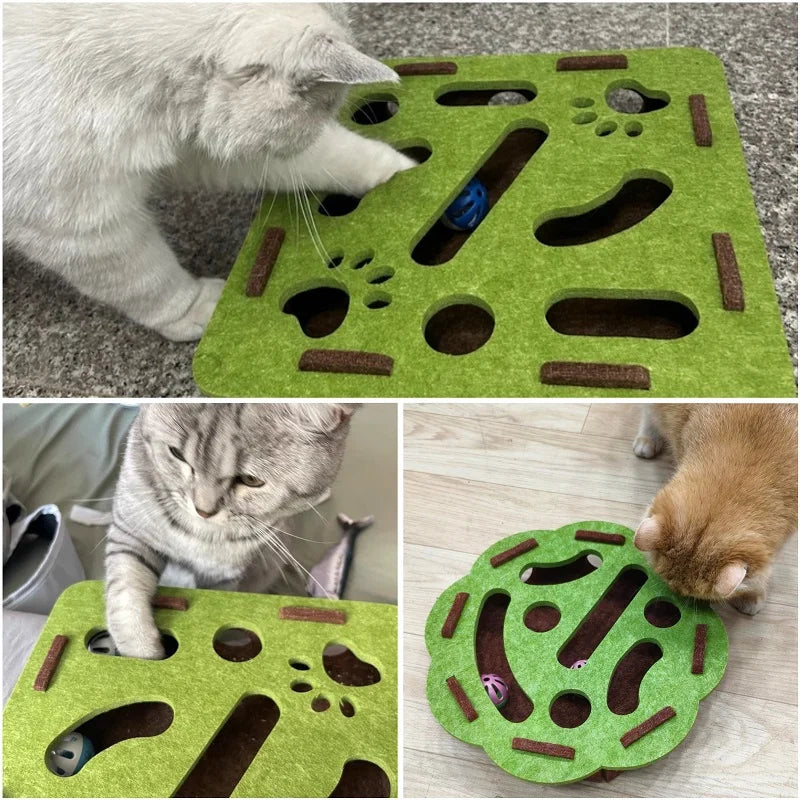 Pet Cat Puzzle Maze Holes Toys Felt Box with Bell Ball