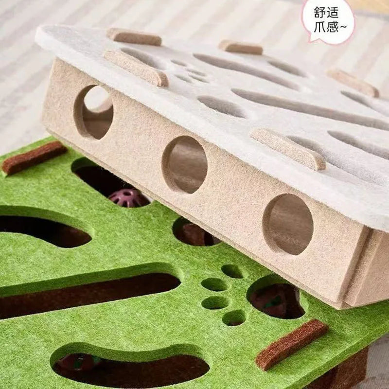 Pet Cat Puzzle Maze Holes Toys Felt Box with Bell Ball